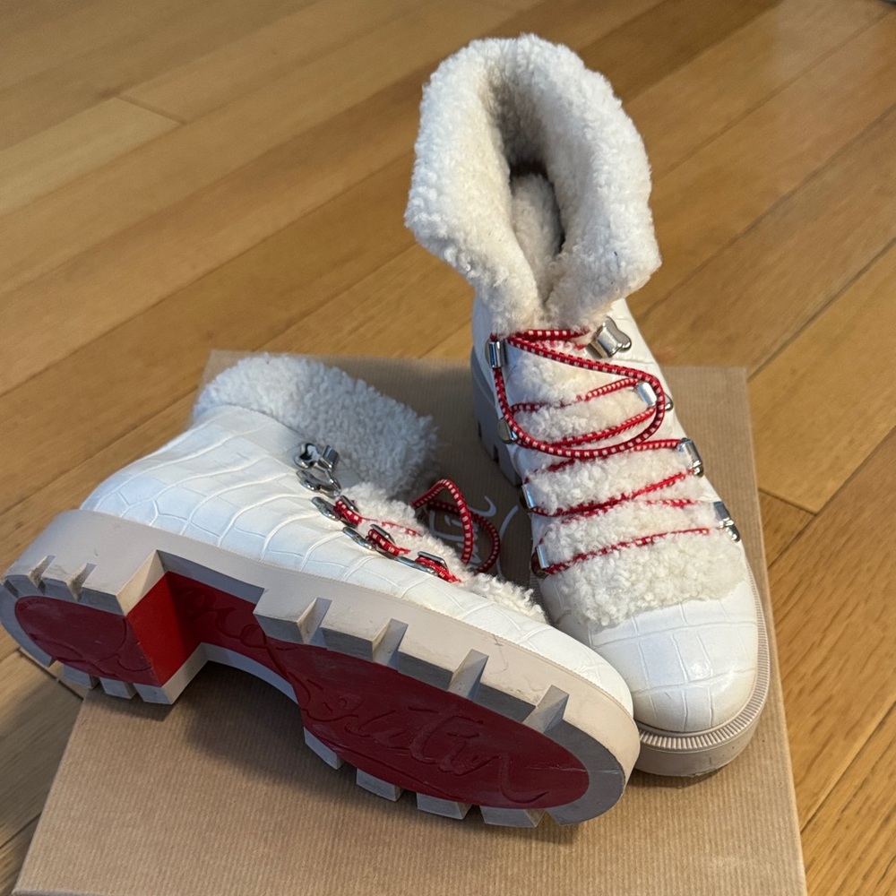 Christian Louboutin White and Red Shearling Boots - Picture 3 of 5